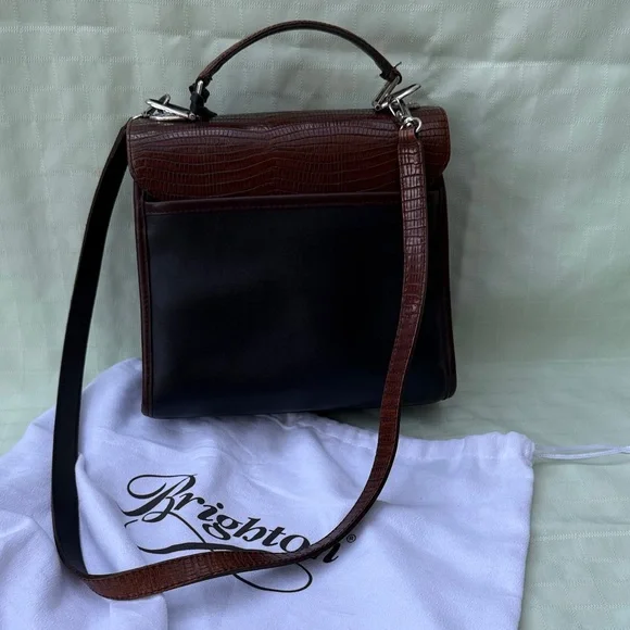 Vintage Black/Brown Brighton Leather Top-Handle Bag with Silver Hardware - Picture 10 of 16